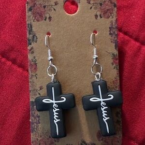Black Cross Earrings with Jesus Script